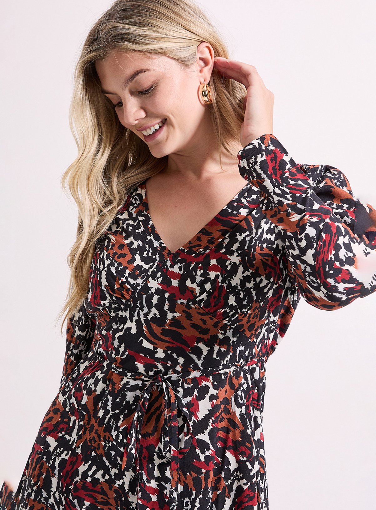 DOROTHY PERKINS Animal Shirred Shoulder Empire Long Sleeve Mini Dress 14 - Image 3 thumbnail